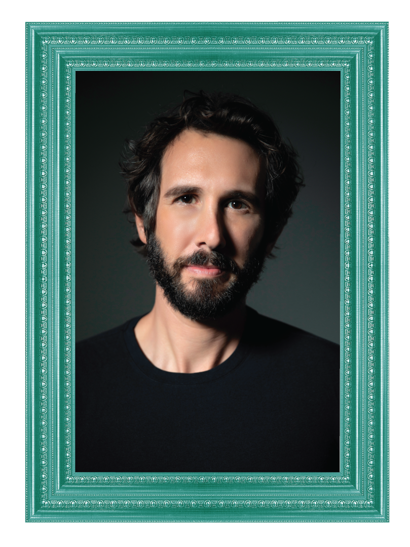 A portrait of Josh Groban in a teal rectangular frame