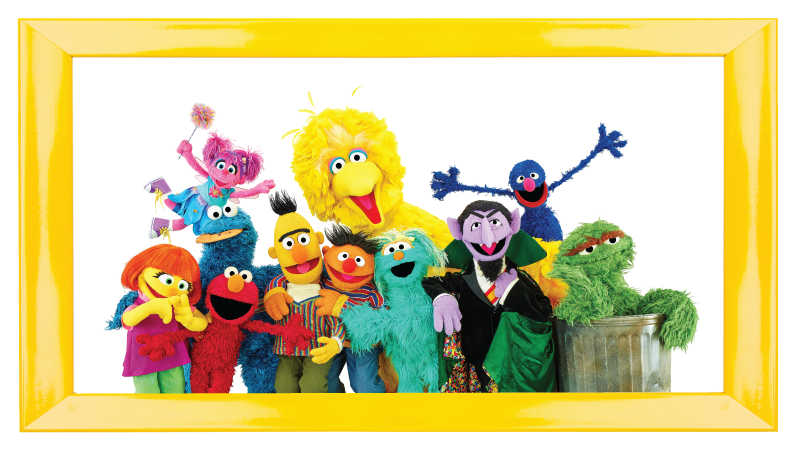 A portrait of the cast of Sesame Street in a yellow square frame