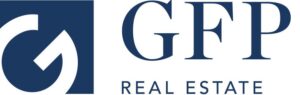 A blue and black logo for gfp real estate