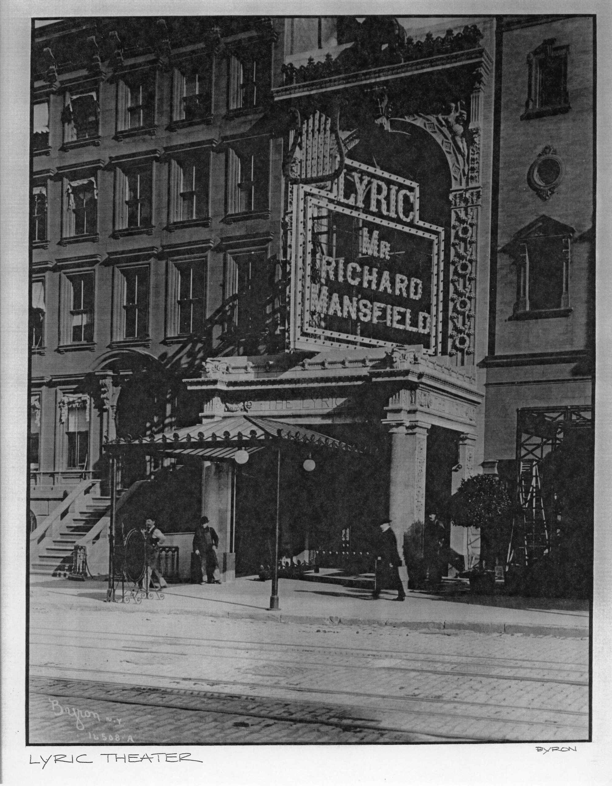 Lyric-Theatre-Historic-Marquee Lyric Theatre marquee with Mr Richard Mansfield spelled out in lighted capital letters, casting a shadow o the buiding next door, with four men in bowler hats visible in front
