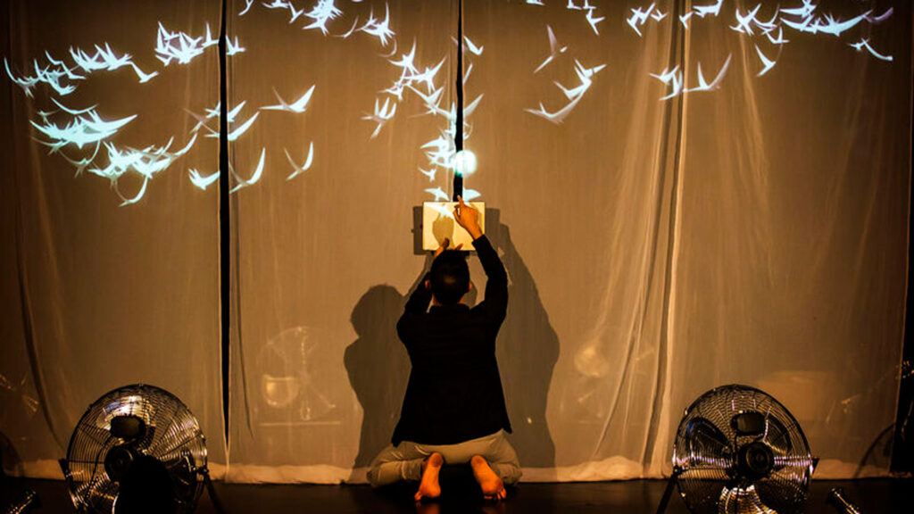 A male-presenting dancer facing a curtain and holding a book up while projected birds fly out of the book.