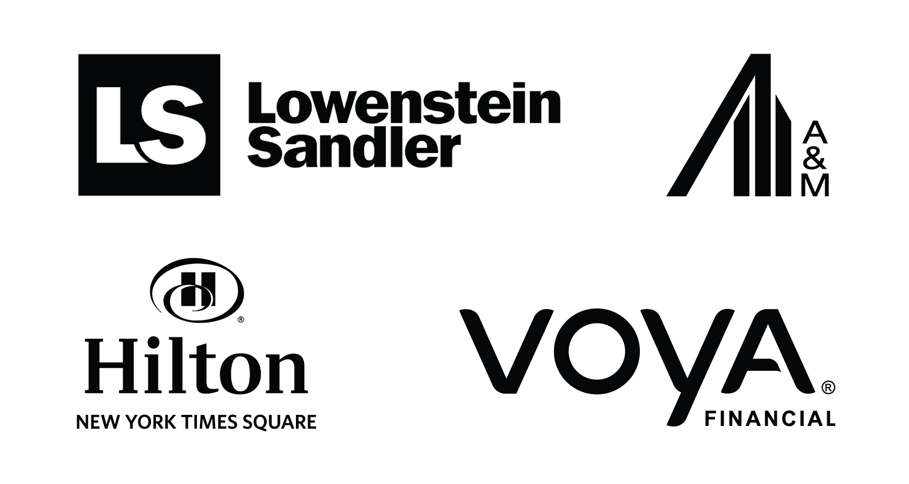 Logos for Lowenstein Sandler, A&M, Hilton and Voya financial