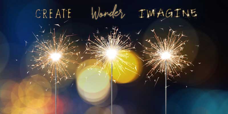 Three sparkler fireworks with words Create, Wonder and Imagine above them