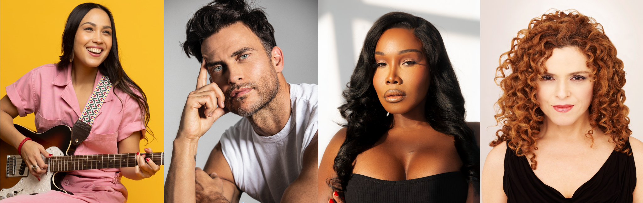 Headshots of Sonia De Los Santos, Cheyenne Jackson, Tempress Chasity Moore, Bernadette Peters